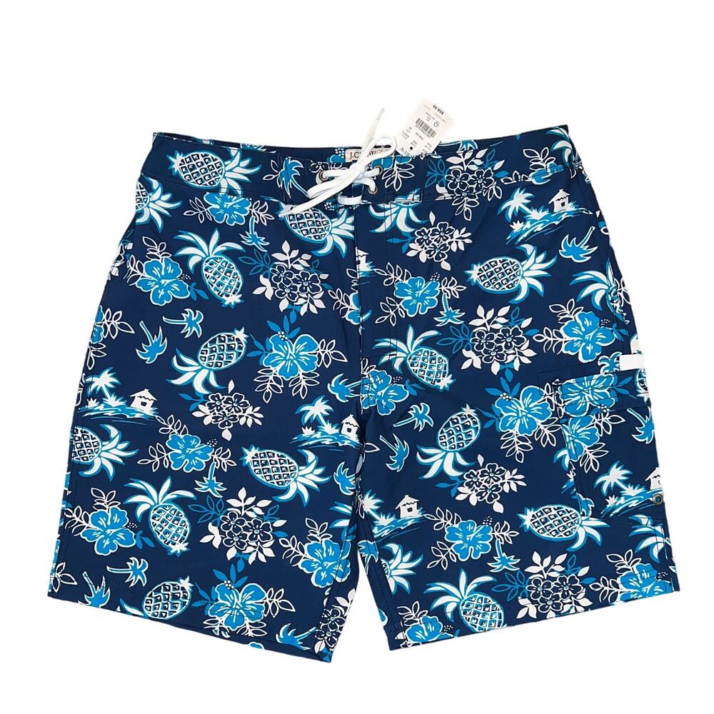 NWT J. Crew Men's Navy, Turquoise Tropical Swim Board Short - SIZE 32